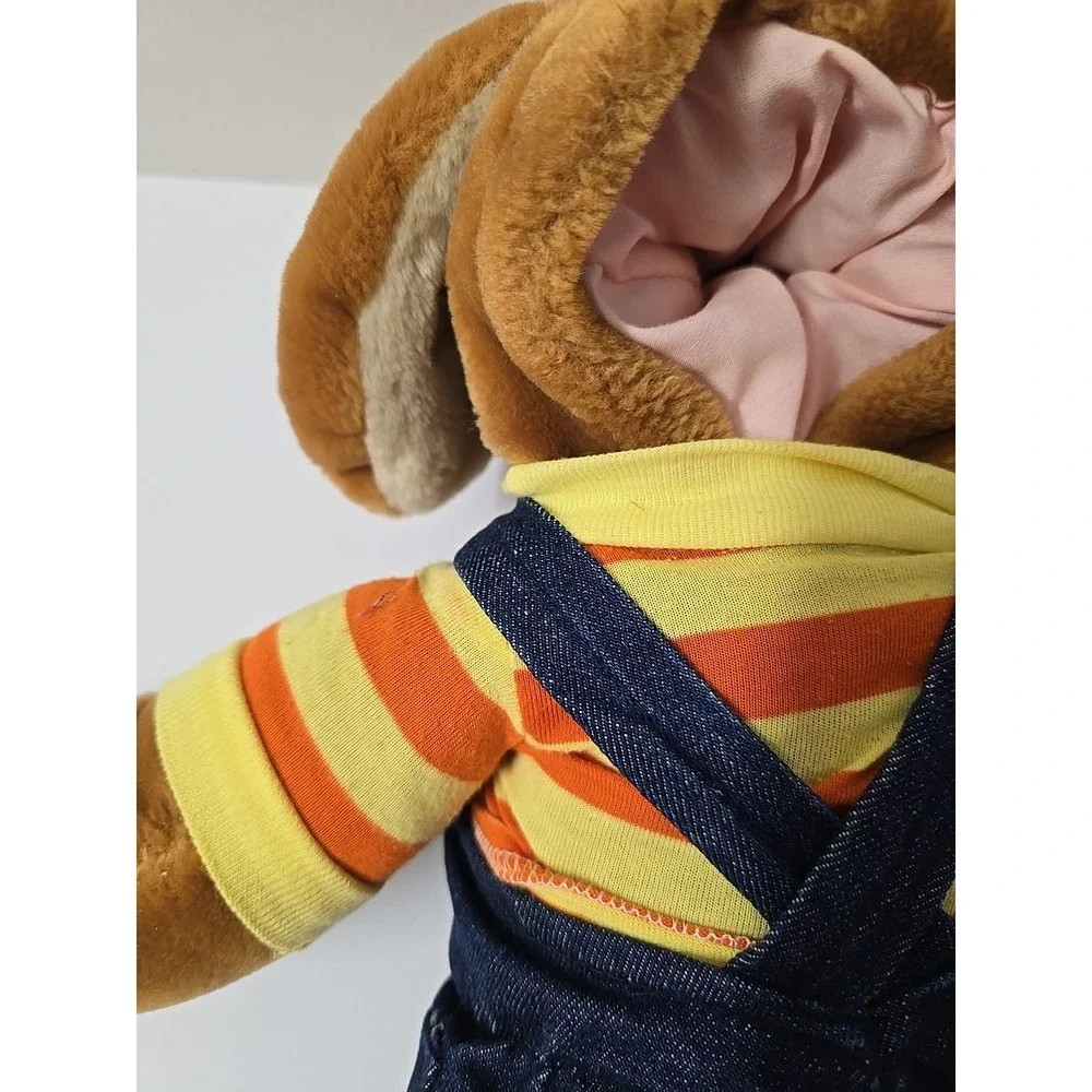Vintage 1981 Ganz Bros - Wrinkles the Dog Hand Puppet Plush Denim Overalls